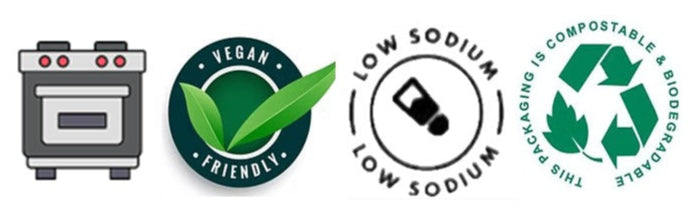 Set of icons including a stove, vegan certification, low sodium, and compostable labels on a white background.