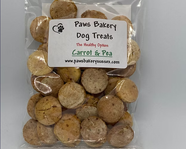 Bag of Paws Bakery Dog Treats with a visible label on a white background