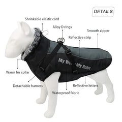 Large Dog Waterproof Dog Coat with Integrated Harness.