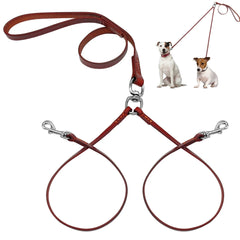 Leather 2 Dog Coupler Dog Walking Leash No Tangle Lead.