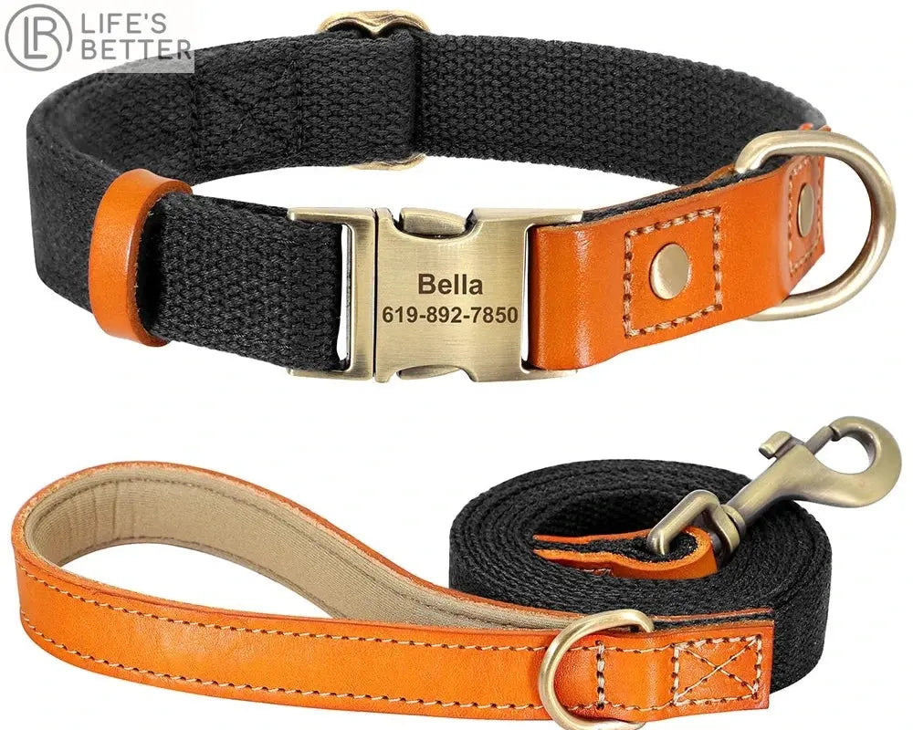 Beautifully Crafted Leather & Nylon Personalised Dog Collar & Lead Set.