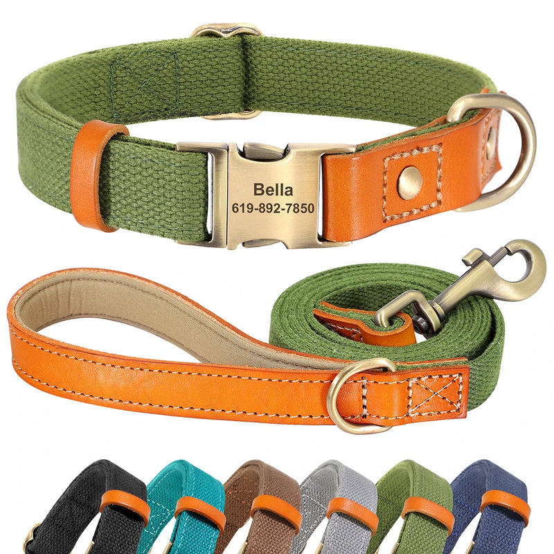 Beautifully Crafted Leather & Nylon Personalised Dog Collar & Lead Set.