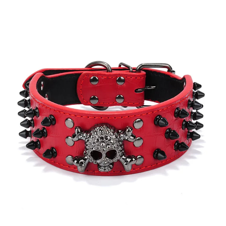 Skull Spiked Studded Leather Dog Collar.