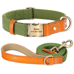 Beautifully Crafted Leather & Nylon Personalised Dog Collar & Lead Set.