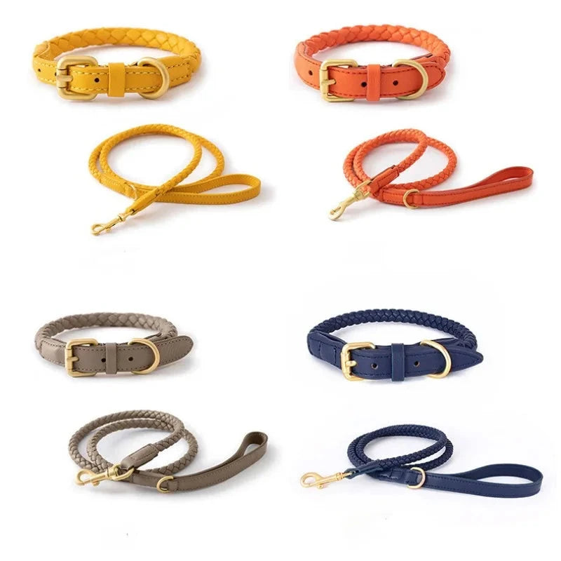 Exquisitely Stylish Woven Leather Dog Collar & Lead Set.