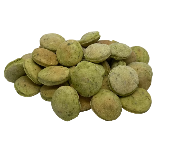 Pile of greenish-brown round objects on a white background