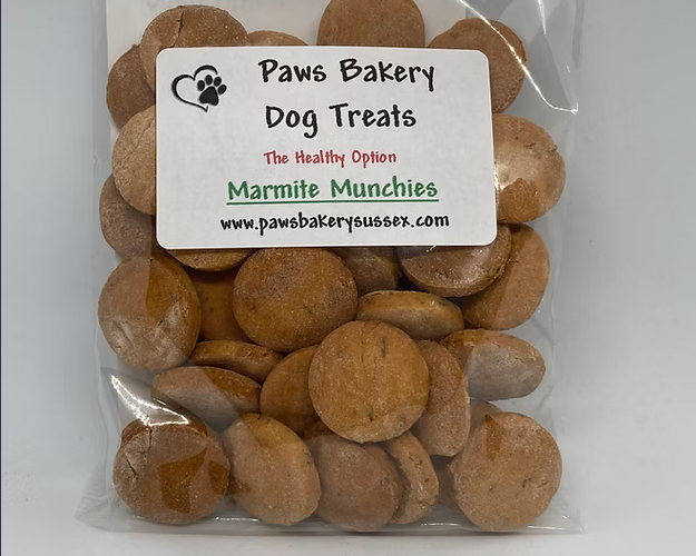 Bag of Paws Bakery Dog Treats labeled 'Marmite Munchies' on a white background