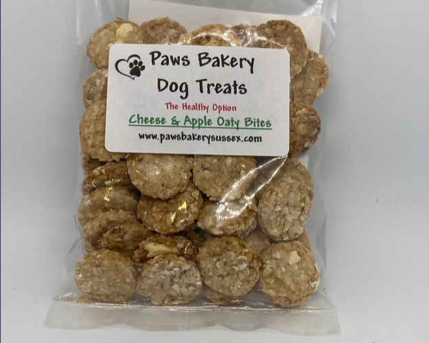Bag of Paws Bakery Dog Treats with a label on a white background