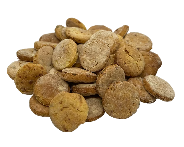 Stack of round brown dog treats on a white background