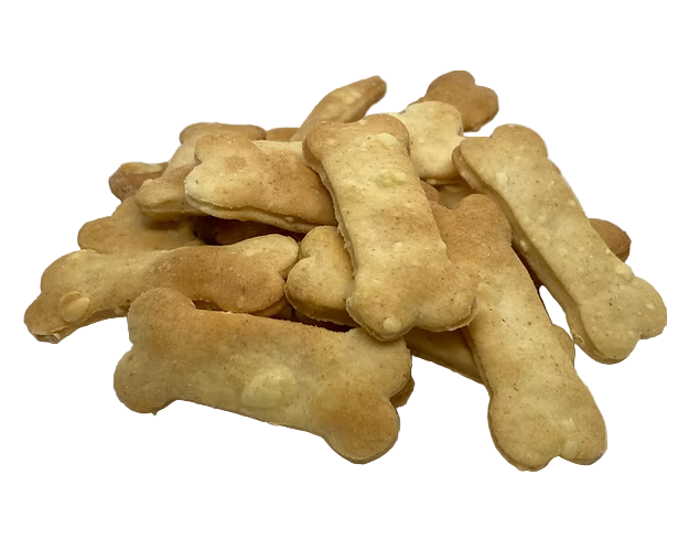 Stack of bone-shaped dog biscuits on a white background