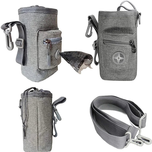 Gray Dog treat bag with multiple compartments and a strap on a white background