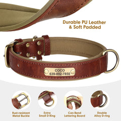 Personalised Dog Collar Lead Set Crafted with Beautiful Soft subtle PU leather & ID tag.